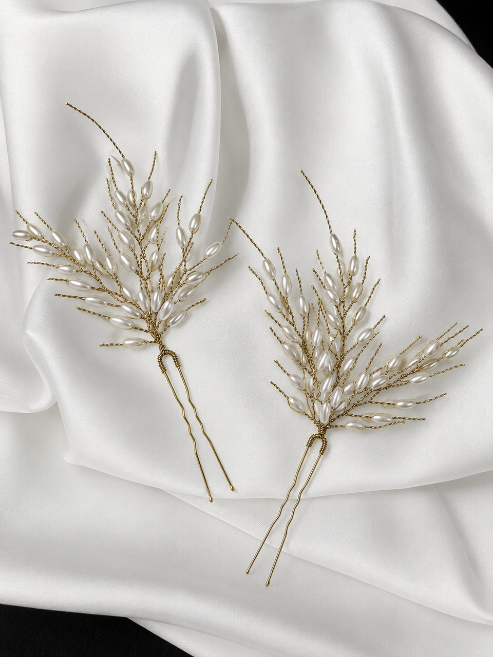 Two gold-toned beaded hairpins styled like dried grass or wheat, decorated with clear pearl-like beads - Victoria's Accessories