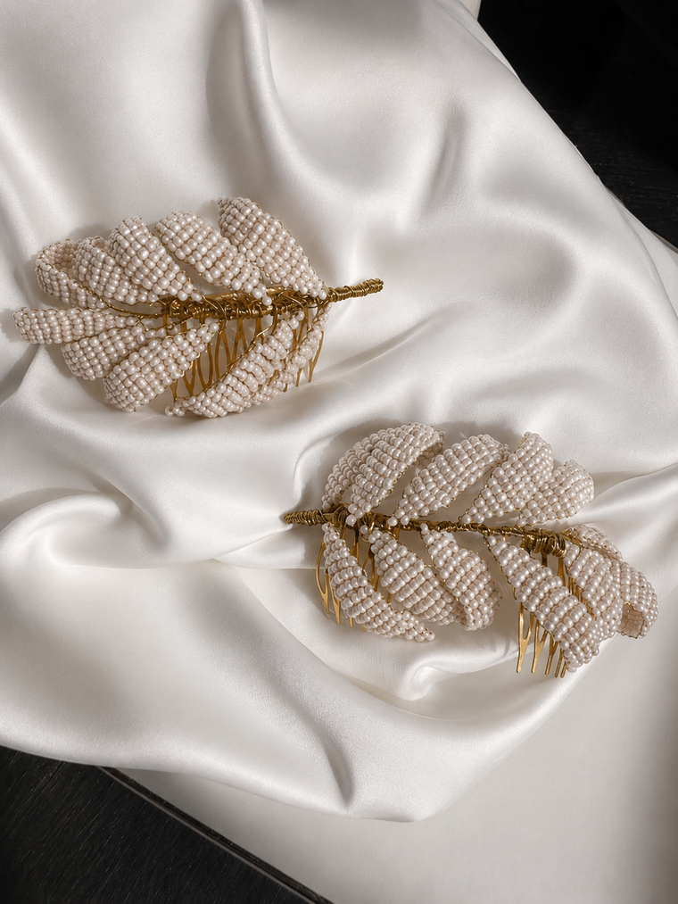 Two beaded feather hair combs in cream and gold - Victoria's Accesories
