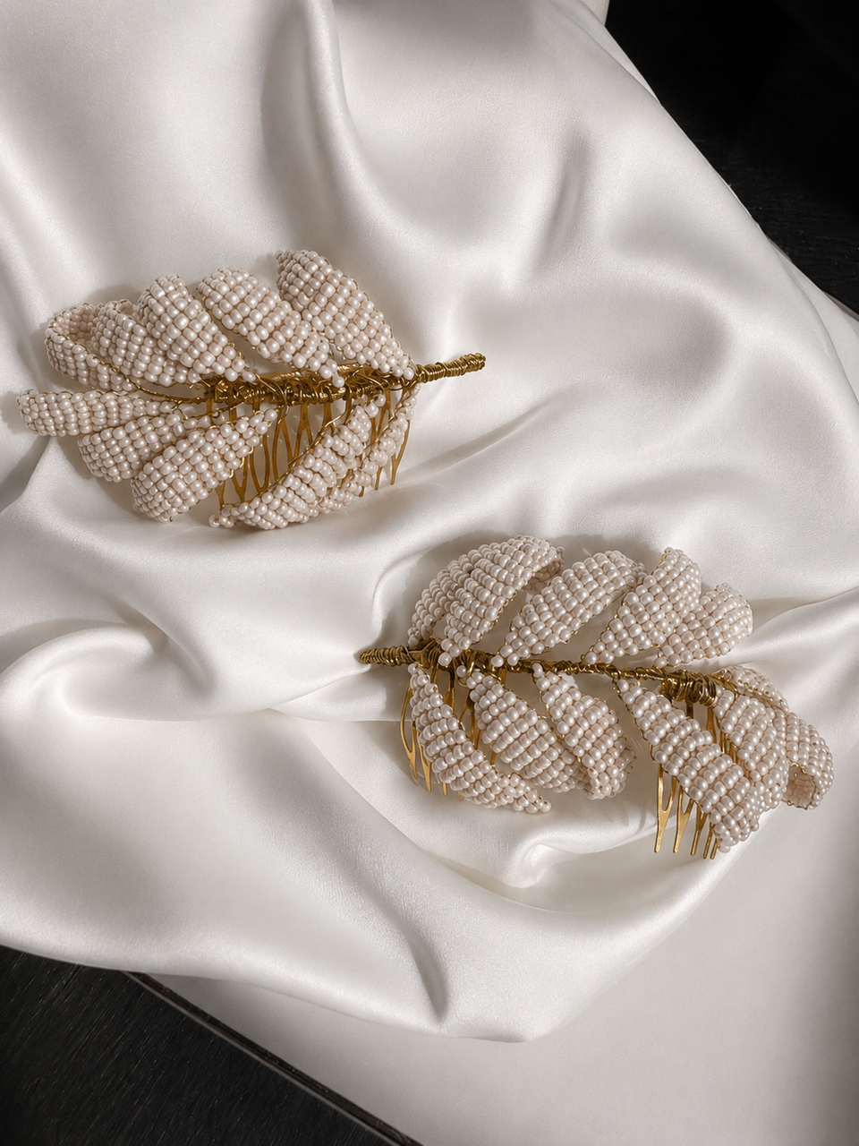 Two beaded feather hair combs in cream and gold - Victoria's Accesories