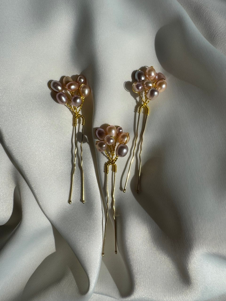 Three gold hair pins pearls in soft champagne and light purple shades - Victoria's Accesories