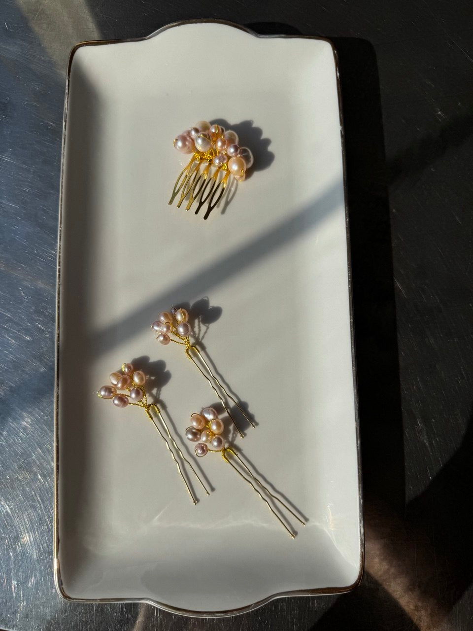 Three gold hair combs with small pearl flower - Victoria's Accessories